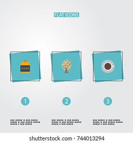 Flat Icons Saucer, Timber, Sweetener And Other Vector Elements. Set Of Beverage Flat Icons Symbols Also Includes Package, Sugar, Timber Objects.
