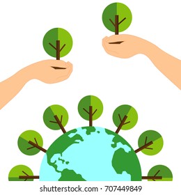 flat icons for save the world,hands,tree,vector illustrations