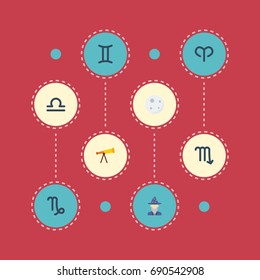 Flat Icons Scales, Augur, Goat And Other Vector Elements. Set Of Astronomy Flat Icons Symbols Also Includes Moon, Zodiac, Libra Objects.
