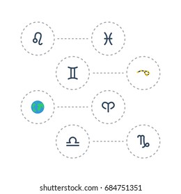 Flat Icons Scales, Goat, Ram And Other Vector Elements. Set Of Astrology Symbols Also Includes Astronomy, Planet, Globe Objects.