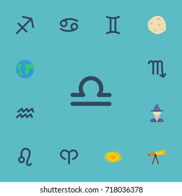 Flat Icons Scales, Space, Ram And Other Vector Elements. Set Of Astronomy Flat Icons Symbols Also Includes Aries, Crab, Cancer Objects.