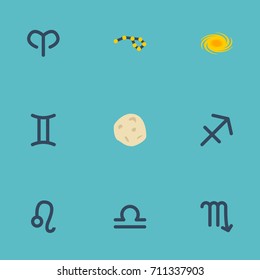 Flat Icons Scales, Zodiac Sign, Comet And Other Vector Elements. Set Of Astrology Flat Icons Symbols Also Includes Aries, Ram, Space Objects.