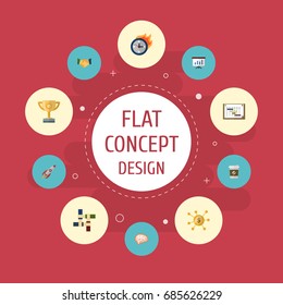 Flat Icons Schedule, Agreement, Financing And Other Vector Elements. Set Of Startup Flat Icons Symbols Also Includes Financing, Thinking, Show Objects.