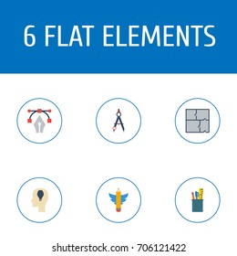 Flat Icons Scheme, Case, Writing And Other Vector Elements. Set Of Creative Flat Icons Symbols Also Includes Idea, Compasses, Pen Objects.