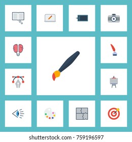 Flat Icons Scheme, Writing, Brush And Other Vector Elements. Set Of Original Flat Icons Symbols Also Includes Science, Dslr, Graphic Objects.