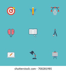 Flat Icons Science, Writing, Compass And Other Vector Elements. Set Of Original Flat Icons Symbols Also Includes Illuminator, Bezier, Screen Objects.