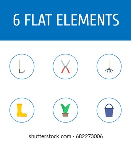 Flat Icons Scissors, Cutter, Plant And Other Vector Elements. Set Of Gardening Flat Icons Symbols Also Includes Harrow, Tool, Pail Objects.