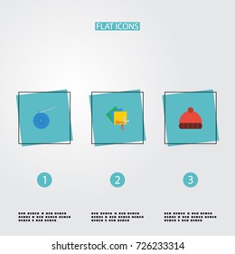 Flat Icons Scissors, Knitting, Beanie And Other Vector Elements. Set Of Handcraft Flat Icons Symbols Also Includes Hat, Scissors, Colorful Objects.