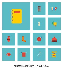 Flat Icons Scissors, Meter, Knitted Socks And Other Vector Elements. Set Of Handmade Flat Icons Symbols Also Includes Scrapbooking, Shop, Copybook Objects.