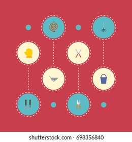 Flat Icons Scissors, Rake, Latex And Other Vector Elements. Set Of Gardening Flat Icons Symbols Also Includes Gloves, Rake, Secateurs Objects.