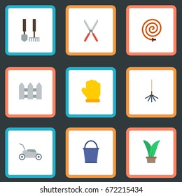 Flat Icons Scissors, Tools, Fence And Other Vector Elements. Set Of Horticulture Flat Icons Symbols Also Includes Grower, Garden, Hosepipe Objects.