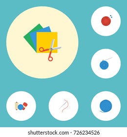 Flat Icons Scissors, Yarn, Shop And Other Vector Elements. Set Of Handmade Flat Icons Symbols Also Includes Skein, Ball, Eyelet Objects.
