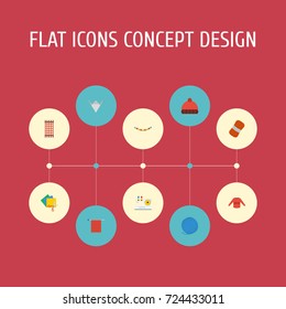 Flat Icons Scissors, Yarn, Wool And Other Vector Elements. Set Of Handmade Flat Icons Symbols Also Includes Needlework, Knitting, Machine Objects.