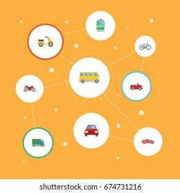 Flat Icons Scooter, Automobile, Lorry And Other Vector Elements. Set Of Vehicle Flat Icons Symbols Also Includes Electric, Vehicle, Motorcycle Objects.