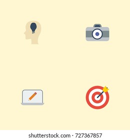 Flat Icons Screen, Arrow, Idea And Other Vector Elements. Set Of Constructive Flat Icons Symbols Also Includes Notion, Dslr, Goal Objects.