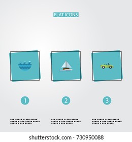 Flat Icons Sea, Car, Sailboard And Other Vector Elements. Set Of Season Flat Icons Symbols Also Includes Coupe, Sail, Cabriolet Objects.