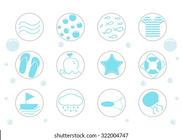 Flat icons with sea creatures and symbols. Vector illustration