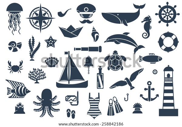 海の生き物とシンボルを持つ平らなアイコン ベクターイラスト のベクター画像素材 ロイヤリティフリー