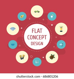 Flat Icons Sea, Slippers, Anti-Sun Cream And Other Vector Elements. Set Of Season Flat Icons Symbols Also Includes Alcohol, Flip, Sunscreen Objects.