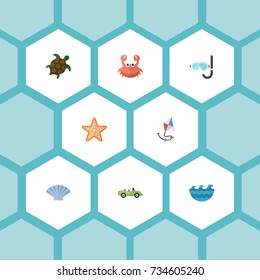 Flat Icons Sea Star, Cancer, Aqualung And Other Vector Elements. Set Of Beach Flat Icons Symbols Also Includes Cancer, Coupe, Star Objects.