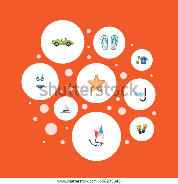 Flat Icons Sea Star, Sailboard, Shovel And Other\
Vector Elements. Set Of Beach Flat Icons Symbols Also Includes Car,\
Bikini, Shovel Objects.