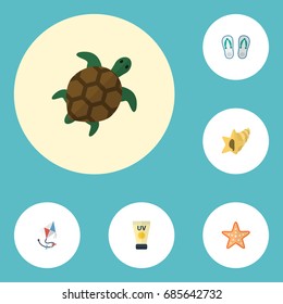 Flat Icons Sea Star, Slippers, Anti-Sun Cream And Other Vector Elements. Set Of Season Flat Icons Symbols Also Includes Starfish, Fly, Slippers Objects.