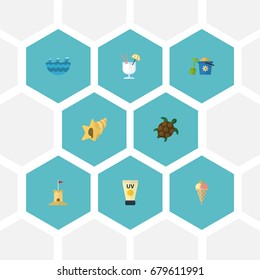 Flat Icons Sea, Tortoise, Shell And Other Vector Elements. Set Of Summer Flat Icons Symbols Also Includes Sink, Cocktail, Pain Objects.