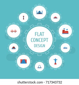 Flat Icons Seattle, Architecture, The Forbidden City And Other Vector Elements. Set Of Famous Flat Icons Symbols Also Includes Gateway, Great, Prehistoric Objects.