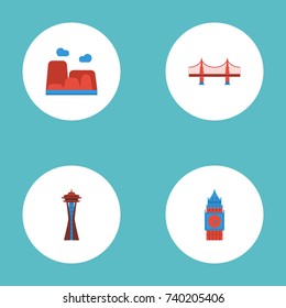 Flat Icons Seattle, Bridge, Drought And Other Vector Elements. Set Of Landmarks Flat Icons Symbols Also Includes Canyon, Great, Needle Objects.