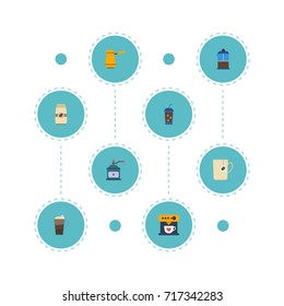 Flat Icons Seed Pack, Latte, Beverage And Other Vector Elements. Set Of Drink Flat Icons Symbols Also Includes Dispenser, Coffee, Mill Objects.