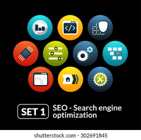 Flat icons set 1 - SEO and Development collection, for phone watch or tablet