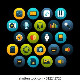 Flat icons set 11 - audio and photo collection, for phone watch or tablet, isolated on black background