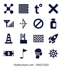 flat icons set. Set of 16 flat filled icons such as cone barrier, towels, fence, medical bottle, medical mask, helm, prohibited, temperature, gold flag, rocket, mobile signal