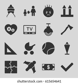 Flat icons set. set of 16 flat filled icons such as baby stroller, baby cap, flag, puzzle, son and father, angry emot, cargo arrow up, gear heart, TV, street lamp, tennis ball