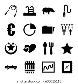 Flat icons set. set of 16 flat filled icons such as barrel, hippopotamus, fork and spoon, heart, folder, pie chart, wire, photo, swimming pool, car, cemetery, star, euro