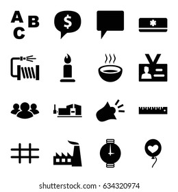 Flat icons set. set of 16 flat filled icons such as candle, factory, vice clamp, soup, water hose, heart baloons, chat, group, badge, ruler, grid, air conditioner, siren