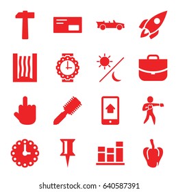Flat icons set. set of 16 flat filled icons such as pepper, hair brush, case, pin, middle finger, chart, cabriolet, home on phone display, karate, rocket, envelop, hammer