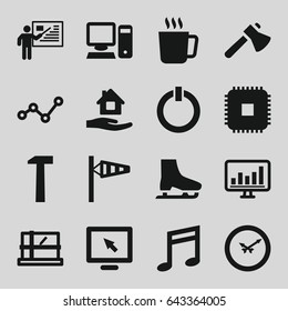 Flat icons set. set of 16 flat filled icons such as mug, wind cone, parcel, home care, axe, music note, chart, pc, switch off, ice skate, teacher, hummer, wall clock, graph