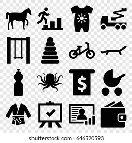 Flat icons set. set of 16 flat filled icons such as octopus, baby stroller, pyramid, baby onesie, child bicycle, board, crane, swing, photo, kimono, sunbed, horse