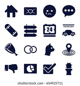 Flat icons set. set of 16 flat filled icons such as direction   isolated, car wash, map location, crying emot, love letter, rings, dislike, cactus, home, meat, skate board