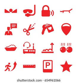 Flat icons set. set of 16 flat filled icons such as baby bath, heart key, man with chat bubblle, scissors, ruler, arrow up, parking, meat, graph, sunbed, lock