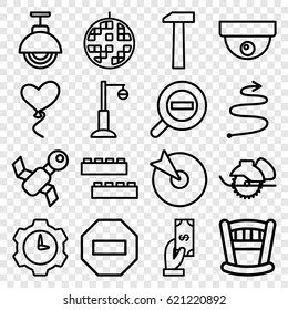 Flat icons set. set of 16 flat outline icons such as child building kit, Payment, electric saw, street lamp, heart baloons, disco ball, zoom out, curved arrow, hummer