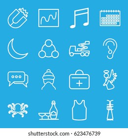 Flat icons set. set of 16 flat outline icons such as octopus, baby cap, champagne and wine glasses, singlet, crane, angel, first aid kit, ear, music note, crescent, connection