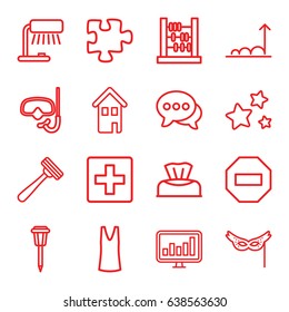 Flat icons set. set of 16 flat outline icons such as baby napkin, razor, singlet, puzzle, street lamp, chat, chart, mask, star, home, graph, snorkel, plus, abacus, table lamp