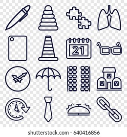 Flat icons set. set of 16 flat outline icons such as cone barrier, plane seats, pyramid, lungs, calendar, pen, glasses, building, bell, chopping board and knife, time, tie