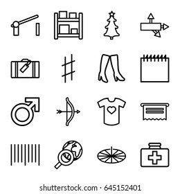 Flat icons set. set of 16 flat outline icons such as luggage, male, woman boots, first aid kit, bar code, musical sharp, t-shirt with heart, christmas tree, barrier, sundial