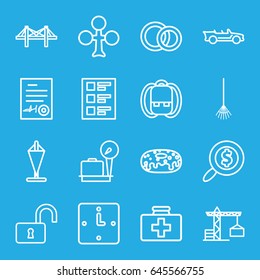 Flat icons set. set of 16 flat outline icons such as lugagge weight, construction crane, clubs, donut, rake, first aid kit, opened lock, bridge, checklist, signed document