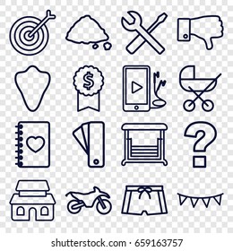 Flat icons set. set of 16 flat outline icons such as animal fang, tag, baby stroller, wrench and screwdriver, swing, ground heap, notebook with heart, dislike