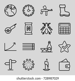 Flat icons set. set of 16 flat outline icons such as globe, fly, boot, wallet, champagne and wine glasses, calculator, electric saw, bag with ground, guitar strings, fireworks