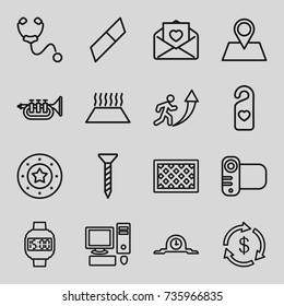 Flat icons set. set of 16 flat outline icons such as money, casino chip, screw, fence, location pin, love letter, heart tag, camera, stethoscope, trumpet